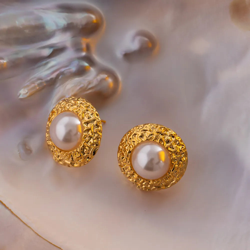 Mira Round Textured Pearl Stud Earrings